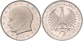 Bundesrepublik Deutschland 2 Deutsche Mark 1969 G Fehlprägung: Max Planck, mit doppelter Randschrift J. zu392. 
sehr selten vz-st
