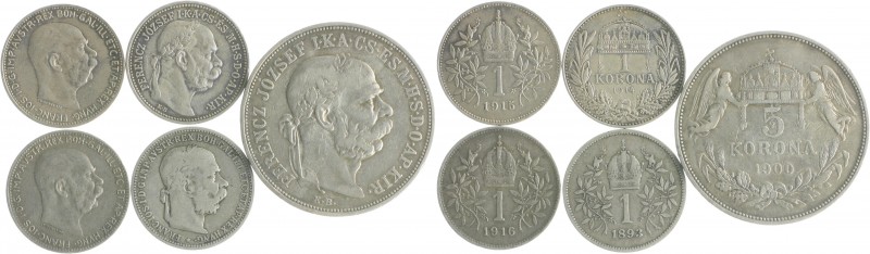 RDR - Länder - Ungarn Franz Joseph I. 1848-1916 Lot o.J. von 5 Stücken: 5 Korona...