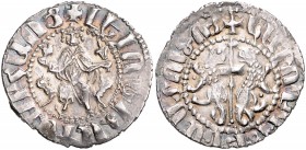 Armenien Levon I. 1199-1218 Tram o.J. Thronender König / Zwei Löwen um Langkreuz Bedoukian 228ff. 
hübsche Patina f.vz
