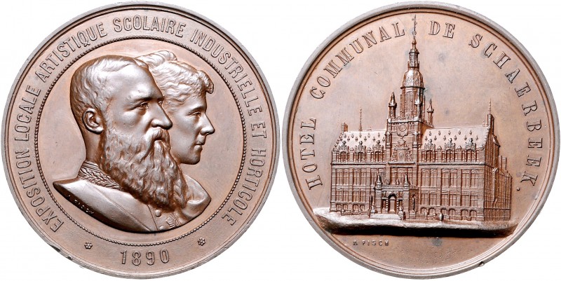 Belgien Leopold II. 1865-1909 Bronzemedaille 1890 (v. A. Fisch) auf das Rathaus ...