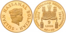 Brunei, Sultanat Hassanal Bolkiah 1000 Dollars 1978 auf den 10. Jahrestag seiner Krönung Friedb. 1. KM 22. 
Auflage nur 1000 Stück. PP-