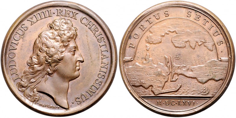 Frankreich Louis XIV. 1643-1715 Bronzemedaille 1666 (v. Mauger) Hafenansicht von...