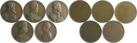 Frankreich - Lots Lot o.J. von 5 Bronze-Suitenmedaillen (v. Caqué) auf Louis III., Henri II., Charles IX., Henri III. und Henri IV. 
je ca. 51,0mm 62...