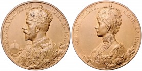 Großbritannien George V. 1910-1936 Bronzemedaille 1911 (v. B.M.=B. Mackennal) auf die Krönung Eimer 1922. BHM 4022. 
in Orig.Etui, 51,0mm 77,3g st