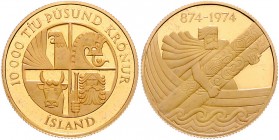 Island Republik 10000 Kronur o.J. auf den 1100. Jahrestag der Besiedelung durch norwegische Wikinger Friedb. 2. KM 22. 
 st