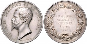 Italien Vittorio Emanuele II. 1861-1878 Silbermedaille 1862 (v. G. Ferraris) Prämie mit Gravur 'J.B. Guichon, Pharmacien Chimiste á Lyon' 
Kr., 55,6m...