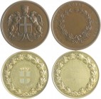 Italien Umberto I. 1878-1900 Lot o.J. von 2 Bronzemedaillen: 1880 (graviert) Vergoldete Prämie der Wohltätigkeitsgesellschaft, mit Gravur (41,6mm 37,5...