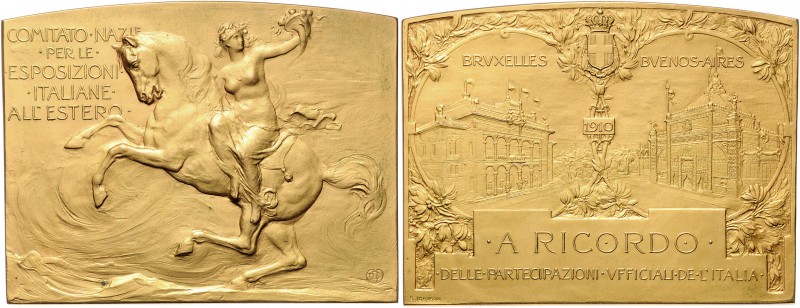 Italien Vittorio Emanuele III. 1900-1946 Bronze-Plakette 1910 vergoldet des ital...