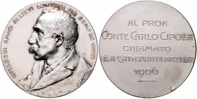 Italien - Florenz Versilb. Bronzemedaille 1906 (v. E.R.) auf die Verleihung des Universitätslehrstuhls an den Historiker Carlo Cipolla 1854-1917 
kl....