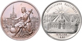Italien - Mailand Bronzemedaille 1881 (v. S.J./Bergamaschi) auf die Nationale Ausstellung, dazu gleiches Stück in Zinn 
47,2mm 50,7g vz-st