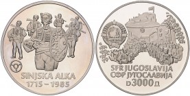 Jugoslawien Volksrepublik 1945-1992 Satz 1985 bestehend aus 1000, 2000 u. 3000 Dinar zum Gedenken an den Sieg über das Osmanische Reich bei Sinj im Ja...