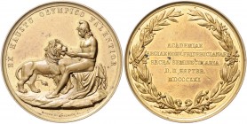 Norwegen Carl XV. 1859-1872 Bronzemedaille 1861 vergoldet (v. Kullrich) auf das Jubiläum der Friedrich-Akademie zu Oslo Sommer K 35. 
42,4mm 27,0g vz...