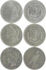 USA Lot o.J. von 3 Stücken: 1 Dollar Silber 1885 O (f.vz), 1921 (ss-vz) und 1922 D (ss) KM 110, 150.
