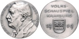 Medaillen von Karl Goetz Silbermedaille 1909 mattiert zur Erinnerung an Martin Greif und das Volksschauspiel Kraiburg Kien. 35. Slg. Bö. 5141. 
34,7m...