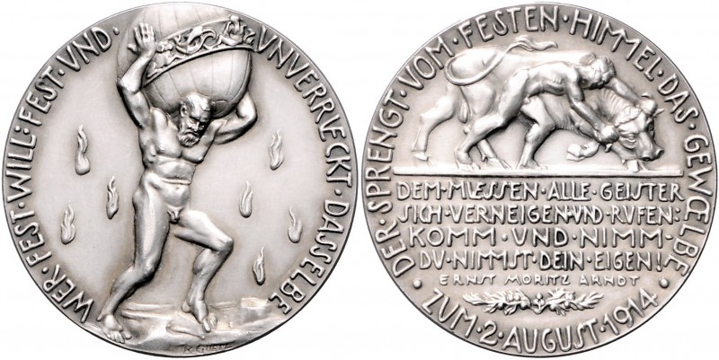 Medaillen von Karl Goetz Silbermedaille 1914 auf die Deutsche Mobilmachung, i.Rd...