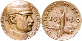 Medaillen von Karl Goetz Bronzemedaille 1914 Rupprecht Kronprinz v. Bayern - Weihnacht im Feld Kien. 244. Slg. Bö. 5618. 
Vs. fleckig 22,7mm 6,9g vz+...