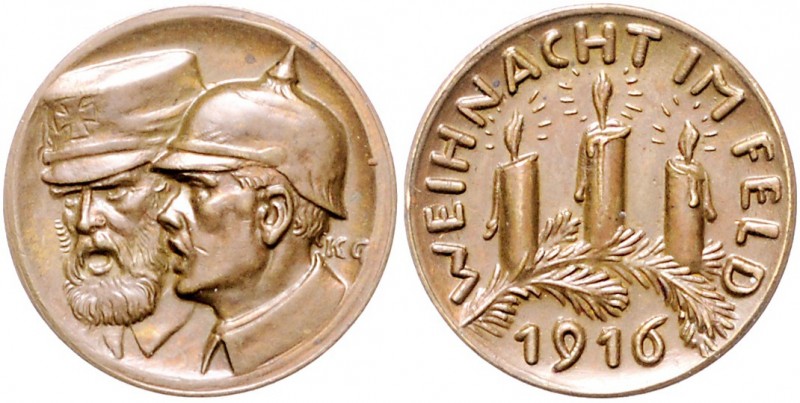 Medaillen von Karl Goetz Bronzemedaille 1916 Soldaten - Weihnacht im Feld Kien. ...