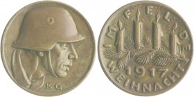 Medaillen von Karl Goetz Bronzemedaille 1917 Soldat mit Helm - Weihnacht im Feld Kien. 249. Slg. Bö. 5640. 
22,7mm 6,5g vz-st
