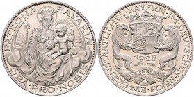 Medaillen von Karl Goetz Silbermedaille 1928 auf die Eigenstaatlichkeit Bayerns im Deutschen Reich, 'PATRONA BAVARIAE', i.Rd: BAYER. HAUPTMÜNZAMT. FEI...