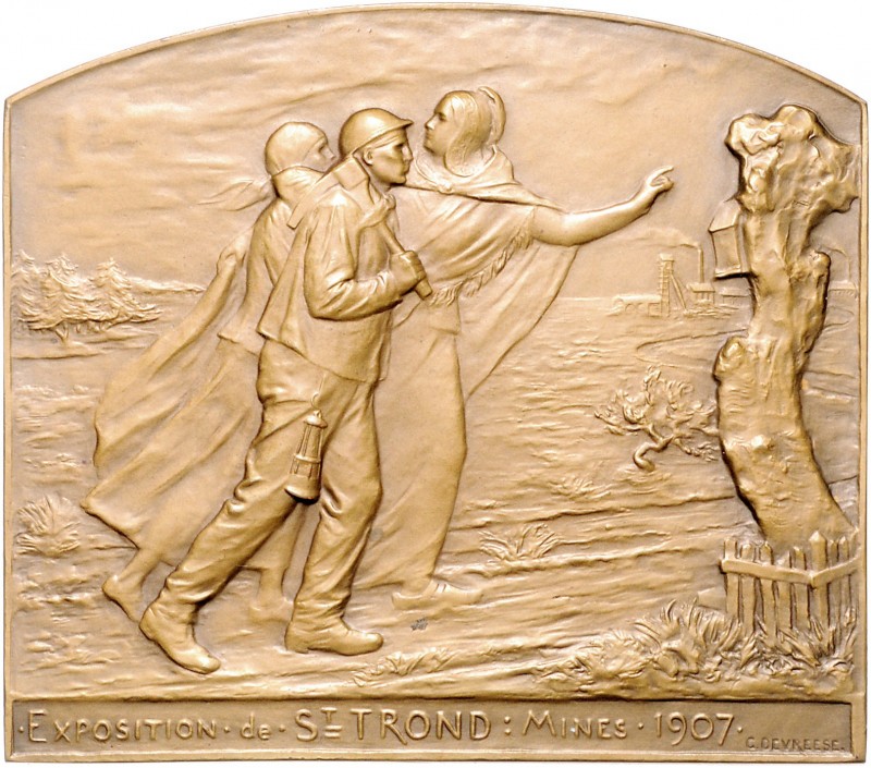 - Bergbau - Belgien Bronze-Plakette 1907 (v. Devreese) auf die Ausstellung in St...