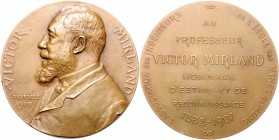 - Bergbau - Belgien Bronzemedaille 1908 (v. Devreese) auf Victor Mirland, Professor der Bergbauschule in Mons 1882-1907 Müs. 5.1/ 12. 
60,0mm 88,0g v...
