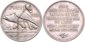 - Bergbau - Deutschland Silbermedaille 1925 (v. Lauer) auf die Rheinlandbefreiung, 'FREI SIND DIE HÜTTEN...', i.Rd: 990 
33,3mm 14,8g f.st