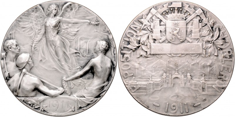 - Jugendstil Versilb. Bronzemedaille 1911 (v. Mauquoy) auf die Bergbau- und Hütt...