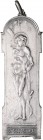 - Medailleure - Dasio, Maximilian 1865-1954 Versilberte Plakette 1905 auf den Heiligen Sebastian Weber 150. 
19x58mm 10,4g mit Öse u. Ring f.vz