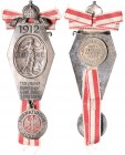 - Schützenmedaillen - Frankfurt /Main Abzeichen 1912 versilbert 2-teiliges Abzeichen an rot/weißem Band für die Jubilare des Bundesschießens von 1887 ...