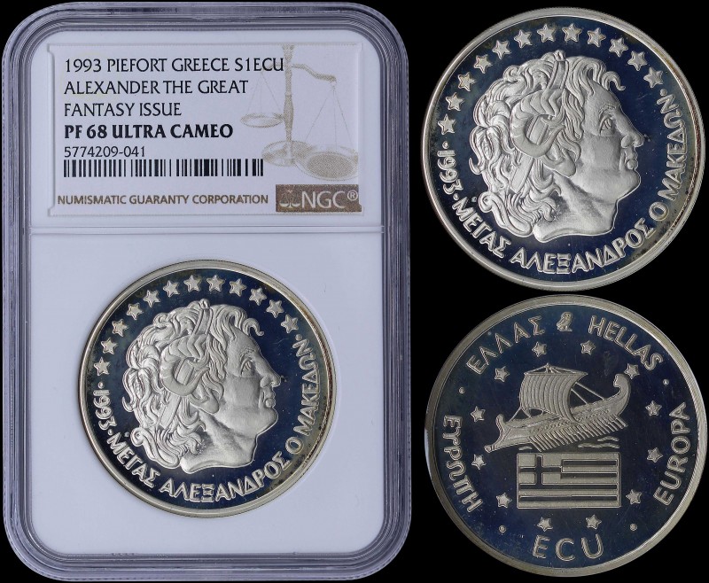 GREECE: 1 ECU (1993) in silver (0,925) with head of Alexander the Great facing r...