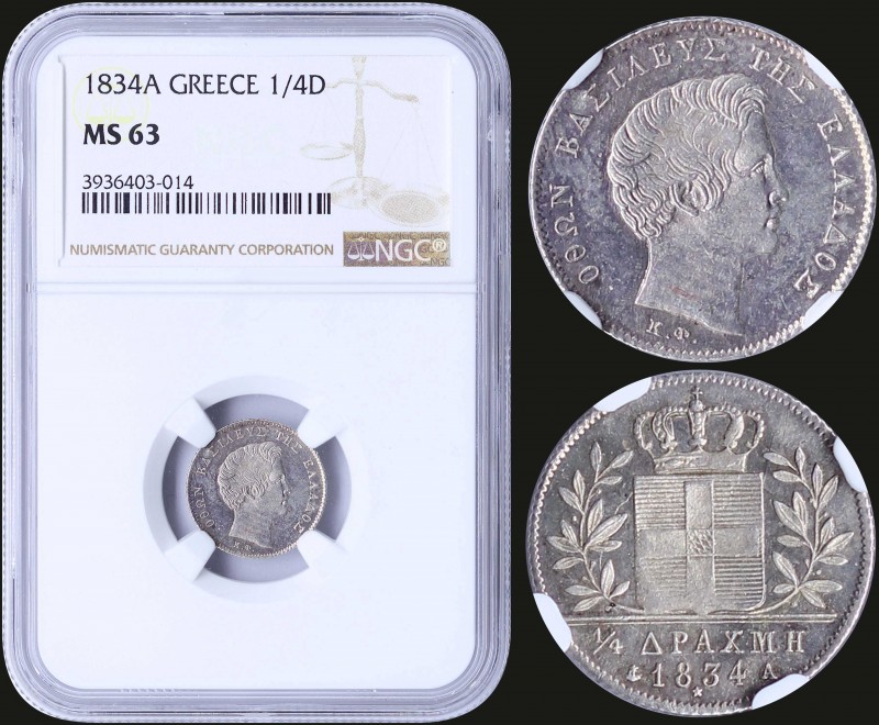 GREECE: 1/4 Drachma (1834 A) (type I) in silver with head of King Otto facing ri...