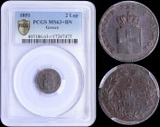 GREECE: 2 Lepta (1851) (type IV) in copper with Royal Coat of Arms and inscription "ΒΑΣΙΛΕΙΟΝ ΤΗΣ ΕΛΛΑΔΟΣ". Inside slab by PCGS "MS 63+ BN". (Hellas 5...