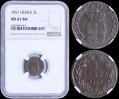 GREECE: 2 Lepta (1857) (type IV) in copper with Royal Coat of Arms and inscription "ΒΑΣΙΛΕΙΟΝ ΤΗΣ ΕΛΛΑΔΟΣ". Inside slab by NGC "MS 62 BN". (Hellas 54)...