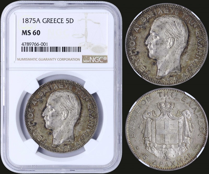 GREECE: 5 Drachmas (1875 A) (type I) in silver with mature head of King George I...