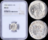 GREECE: 20 Lepta (1926) in copper-nickel with head of Goddess Athena facing left. Inside slab by NGC "MS 64". (Hellas 170).