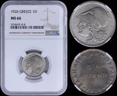 GREECE: 1 Drachma (1926) in copper-nickel with head of Goddess Athena facing left. Inside slab by NGC "MS 66". (Hellas 173).