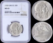 GREECE: 20 Drachmas (1930) in silver (0,500) with head of God Poseidon facing right. Inside slab by NGC "MS 63". (Hellas 179).