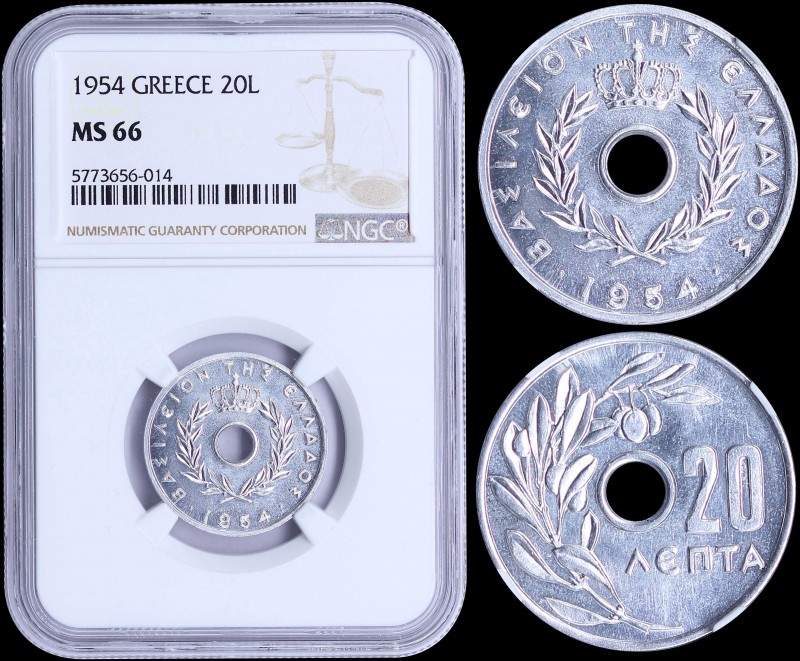 GREECE: 20 Lepta (1954) in aluminum with Royal Crown and inscription "ΒΑΣΙΛΕΙΟΝ ...