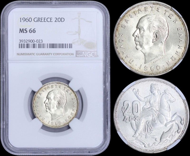 GREECE: 20 Drachmas (1960) in silver (0,835) with head of King Paul facing left ...