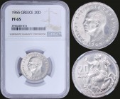 GREECE: 20 Drachmas (1965) in silver with head of King Paul facing left and inscription "ΠΑΥΛΟΣ ΒΑΣΙΛΕΥΣ ΤΩΝ ΕΛΛΗΝΩΝ". Personification of Goddess Moon...