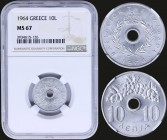 GREECE: 10 Lepta (1964) in aluminium with Royal Crown and inscription "ΒΑΣΙΛΕΙΟΝ ΤΗΣ ΕΛΛΑΔΟΣ". Inside slab by NGC "MS 67". (Hellas 206)....