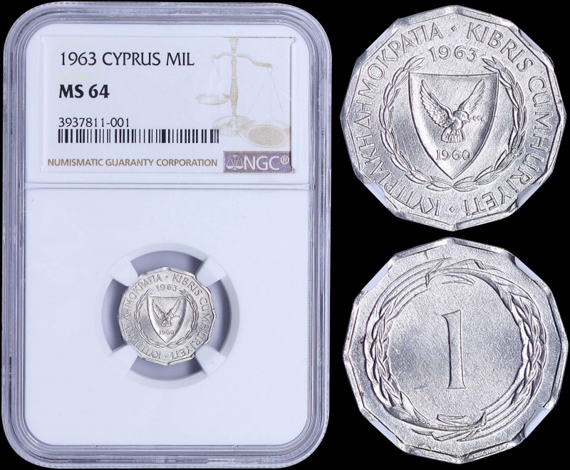 CYPRUS: 1 Mil (1963) in aluminium with shielded Arms within wreath and date abov...