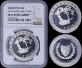 CYPRUS: 5 Euro (2008) in silver (0,925) commemorating the Entry into Euro Zone with national Arms. Euro band around outlined Europe and Cyprus on reve...