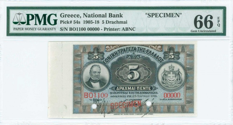 GREECE: Specimen of 5 Drachmas (23.6.1914) in black on blue and brown unpt with ...