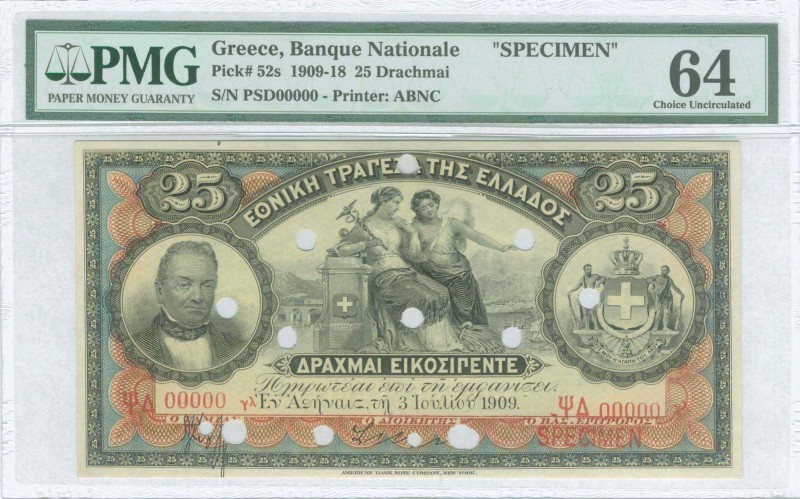 GREECE: Specimen of 25 Drachmas (3.7.1909) in black on red and blue unpt with po...