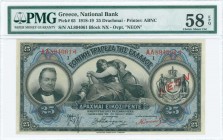 GREECE: 25 Drachmas (31.5.1918 - 1922 NEON issue) in black on blue and brown unpt with portrait of G Stavros at left, Arms of King George I at right a...