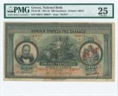 GREECE: 500 Drachmas (25.1.1922) in black on light brown and multicolor unpt with portrait of G Stavros at left, Coat of Arms of King George I at righ...