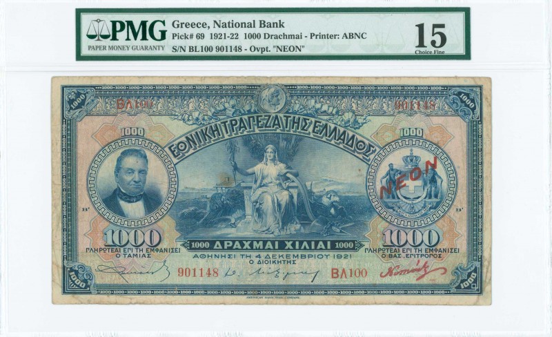 GREECE: 1000 Drachmas (4.12.1921 - 1922 NEON issue) in blue on multicolor unpt w...