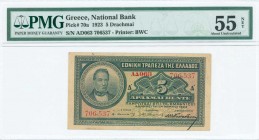 GREECE: 5 Drachmas (24.3.1923) in green on orange unpt with portrait of G Stavros at left. S/N: "AΔ063 706537". Printed signature by Papadakis. Printe...