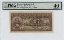 GREECE: 25 Drachmas (5.3.1923) in brown with portrait of G Stavros at left. S/N: "AZ099 149557". Printed signature by Papadakis. Printed by BWC. Insid...